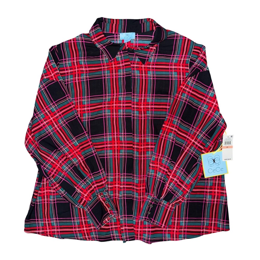 Red Tartan Plaid Neck Tie‎ Long Sleeve Blouse Dark Academia Preppy Holiday Xmas